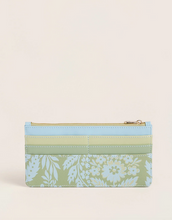 Load image into Gallery viewer, A small zip-around pouch with a striped and floral pattern design in pastel green, light blue, and white, shown against a plain light beige background.
