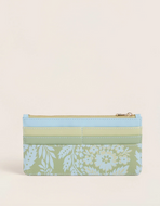 A small zip-around pouch with a striped and floral pattern design in pastel green, light blue, and white, shown against a plain light beige background.