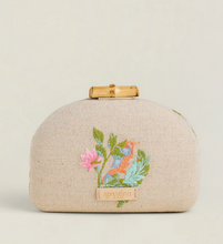 Load image into Gallery viewer, Beige clutch bag with floral embroidery and wooden clasp on a beige background
