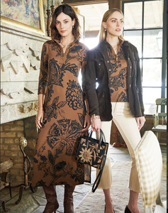 Spartina Nora Half-Zip Midi Dress Botanic Garden Brown Woodblock Jacobean - FINAL SALE