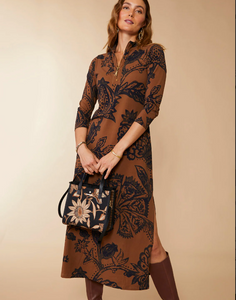 Spartina Nora Half-Zip Midi Dress Botanic Garden Brown Woodblock Jacobean - FINAL SALE