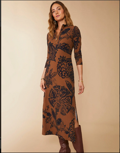 Spartina Nora Half-Zip Midi Dress Botanic Garden Brown Woodblock Jacobean - FINAL SALE