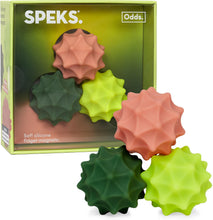 Load image into Gallery viewer, Speks soft silicone fidget magnets in green, orange, and yellow packaging.
