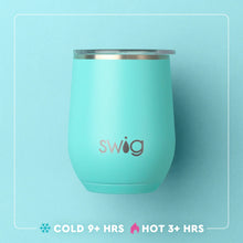 Load image into Gallery viewer, Swig Stemless Wine Cup with information text cold 9+ hours Hot 3+ hours

