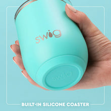 Load image into Gallery viewer, Swig Stemless Wine Cup with information built in silicone coaster
