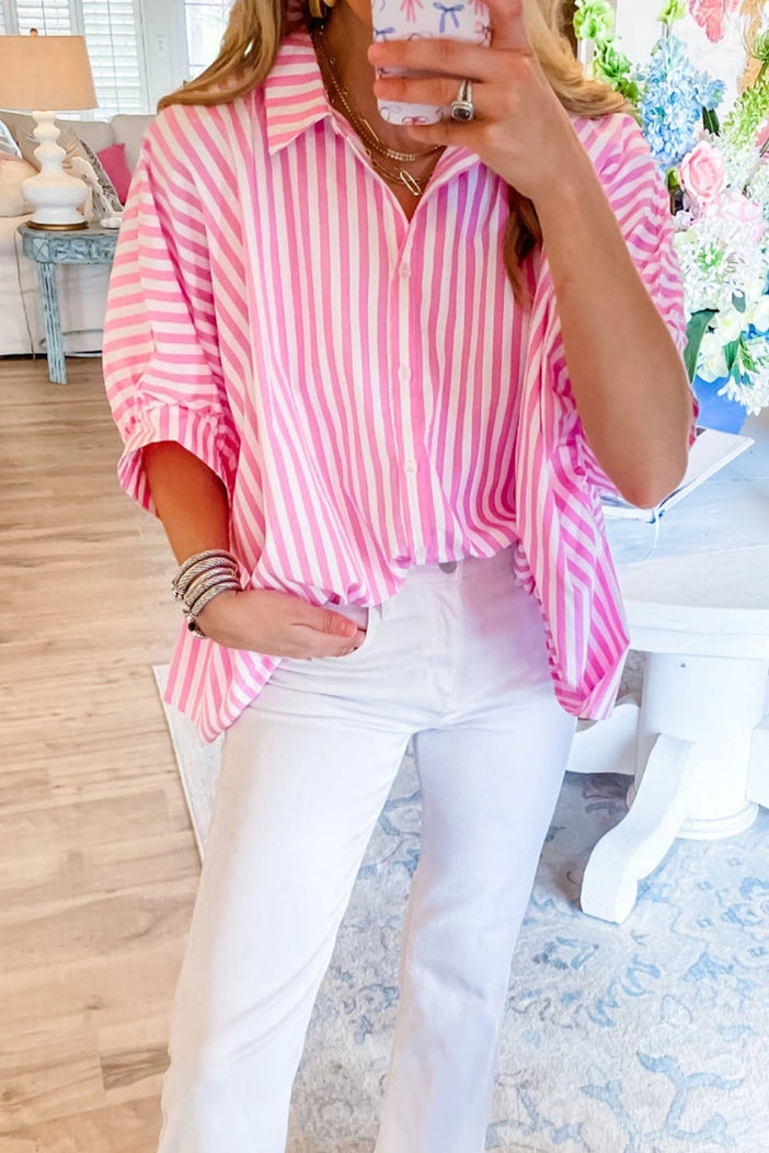 Stripe Dolman Sleeve Oversize Shirt Pink Stripe - FINAL SALE