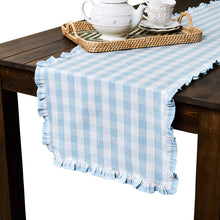 Load image into Gallery viewer, Juliska Gingham Ruffle 18" x 90" Table Runner ocean on a wood table
