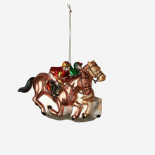Load image into Gallery viewer, christmas ornament two racing horses with jockey riders 
