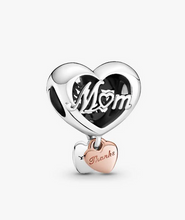 Load image into Gallery viewer, Heart-shaped charm with 'Mom' and 'Thanks' on a white background
