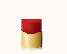 Load image into Gallery viewer, A modern cylindrical candle holder or tumbler featuring a translucent red upper section and a polished gold lower holder, set against a clean white background.
