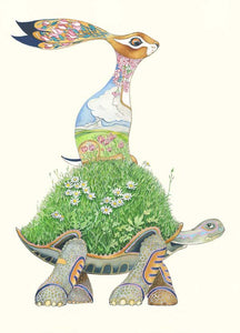 Hare sitting on a Tortoise Greeting Card