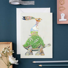 Load image into Gallery viewer, Hare sitting on a Tortoise Greeting Card
