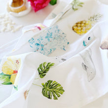 Load image into Gallery viewer, close up of white tea towels watercolor style designs
