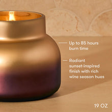 Load image into Gallery viewer, graphic with text up to 85 hours burn time and Radiant sunset-inspired finish with rich wine season hues
