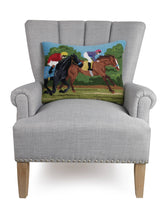 Load image into Gallery viewer, Two Racing Horses Hook Pillow on a chair
