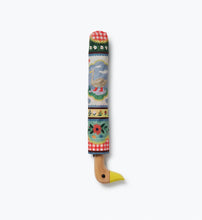Load image into Gallery viewer, Rifle Paper Home Sweet Home Umbrella closed and in its protective sleeve showing the duck on the fabric and the handle 
