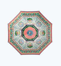 Load image into Gallery viewer, Rifle Paper Home Sweet Home Umbrella showing the full pattern of ducks and chickens using umbrellas and rain boots
