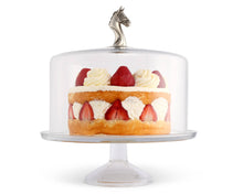 Load image into Gallery viewer, Vagabond House Horse Glass Covered Cake / Dessert Stand holding a cake

