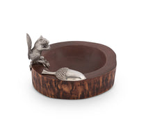 Load image into Gallery viewer, wooden bowl with silver color squirrel  standing on the rim and acorn shaped scoop sitting next to it

