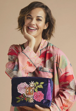 Load image into Gallery viewer, Powder Velvet Wash Bag - Floral Tiger Face in Indigo
