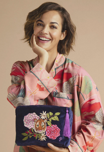 Powder Velvet Wash Bag - Floral Tiger Face in Indigo
