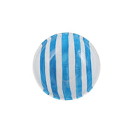 White bowl with five blue stripes on the inside of the bowl