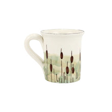 Load image into Gallery viewer, The back of a mug painted with cattails 
