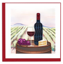 Load image into Gallery viewer, quilled greeting card with wine bottle, glass, grapes and cheese with a vineyard in the background

