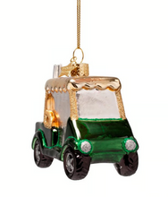 Load image into Gallery viewer, A green and gold glass ornament shaped like a vintage car, hanging from a gold string against a plain white background.

