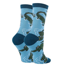 Load image into Gallery viewer, Blue and green socks with images of alligators
