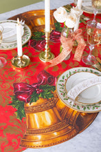 Load image into Gallery viewer,  red paper with gold Damask pattern  set with a place setting vases and candle holders
