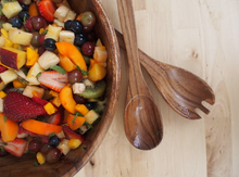 Load image into Gallery viewer, Wooden Salad Fork and Spoon Serving Set and bowl with fruit salad
