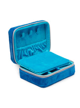 Load image into Gallery viewer, blue Jewelry Zip Case open to show light blue interior with compartments 
