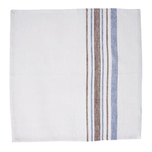 Load image into Gallery viewer, white napkin with blue and brown stripes 
