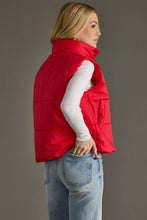 Load image into Gallery viewer, woman in a puffy Classic Red Vest paired with a white shirt and jeans side show showing pocket
