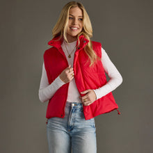 Load image into Gallery viewer, woman in a puffy Classic Red Vest paired with a white shirt and jeans
