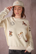 Load image into Gallery viewer, Western Embroidered Knit Top in Nude with embroidered horse motifs 
