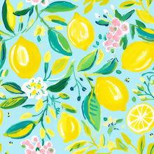 Load image into Gallery viewer, yellow lemons green leves and pink and white flowers on a blue background 
