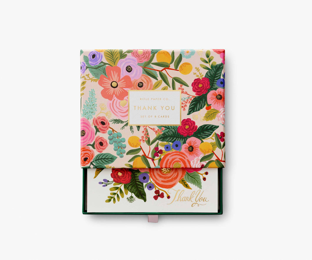 Rifle Paper Garden Party Thank You Keepsake Card Box open to show cards