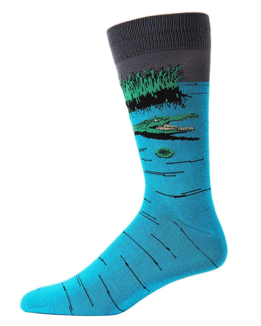 blue sock with gator design a the ankle 