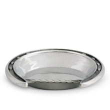 Load image into Gallery viewer, Arthur Court Horseshoe Bowl side view to show the shallow depth of the bowl and the texture of the horse show design
