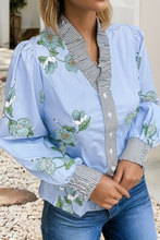 Load image into Gallery viewer, Floral Striped Ruffled V-Neck Blouse
