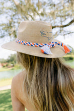 Load image into Gallery viewer, Tipsy Threads Natural Palm Sun Hat with embroidered gator and white orange and blue cord

