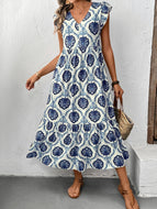 Loose V-neck Printed Long Dress