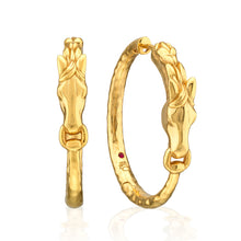 Load image into Gallery viewer, gold hoop earrings with a horse head figure
