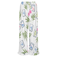Load image into Gallery viewer, white pants with Mahjong &amp; Palm Ruffle print and ruffles along the hem

