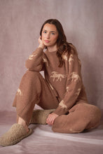 Load image into Gallery viewer, Woman sitting in the brown and tan Horse Sweater Lounge Set 

