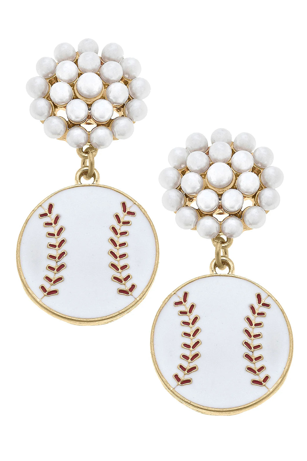 Baseball Pearl Cluster Enamel Drop Earrings in White