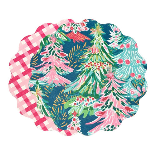 VIDA Holiday Trees and Preppy Plaid Reversible Round Placemats one with pink striped pattern and another with a Christmas tree pattern in sales of green blue and pink