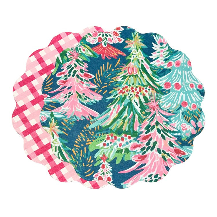 VIDA Holiday Trees and Preppy Plaid Reversible Round Placemats one with pink striped pattern and another with a Christmas tree pattern in sales of green blue and pink